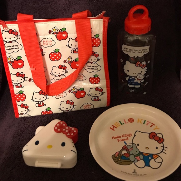Sanrio Hello Kitty Plate Water Bottle Musubi Rice Maker Lunch Bag Set 5 Pc - Picture 3 of 13